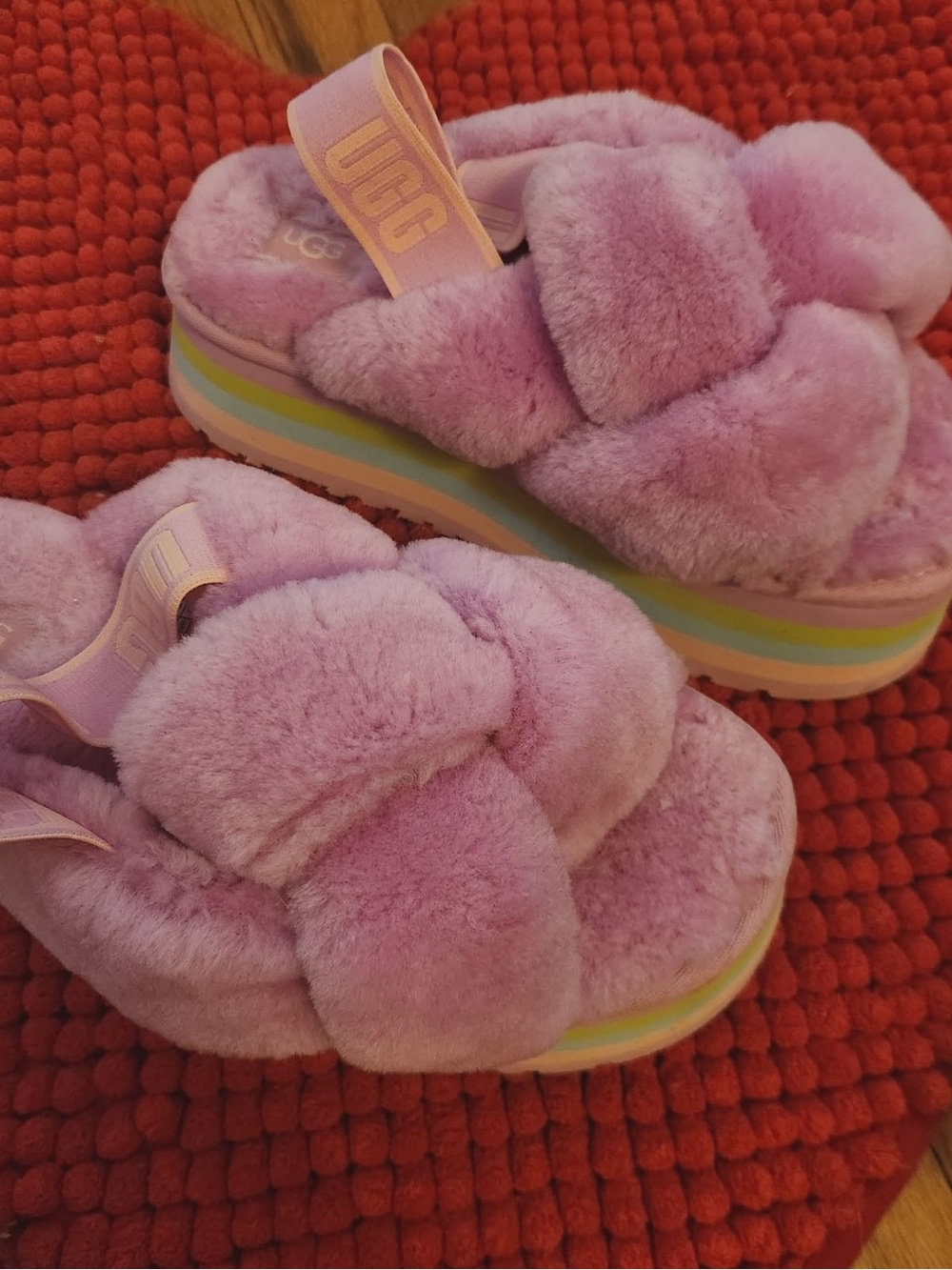 UGG Lavender Plush Platform Sandals with Rainbow Sole